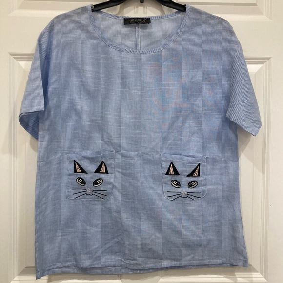 Awesome gracile light-weight thin cat pocket blue micro stripe smock top large - Picture 1 of 8